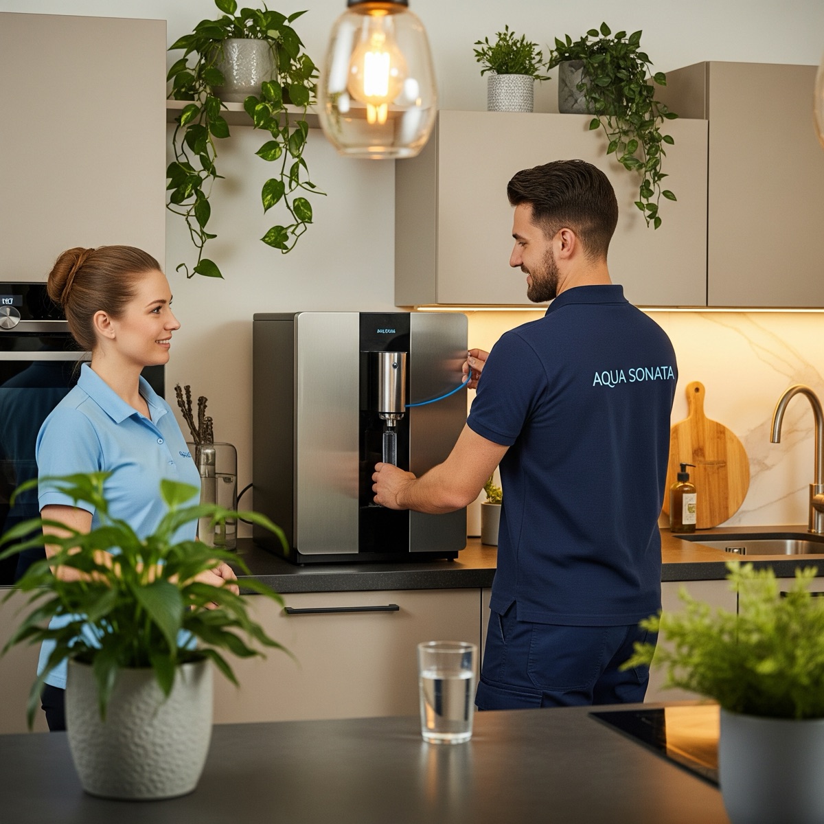 Aqua-Sonata-Techniker schließt einen Wasserspender in einer Büroküche an, während die Kundin daneben steht (KI-generiert)