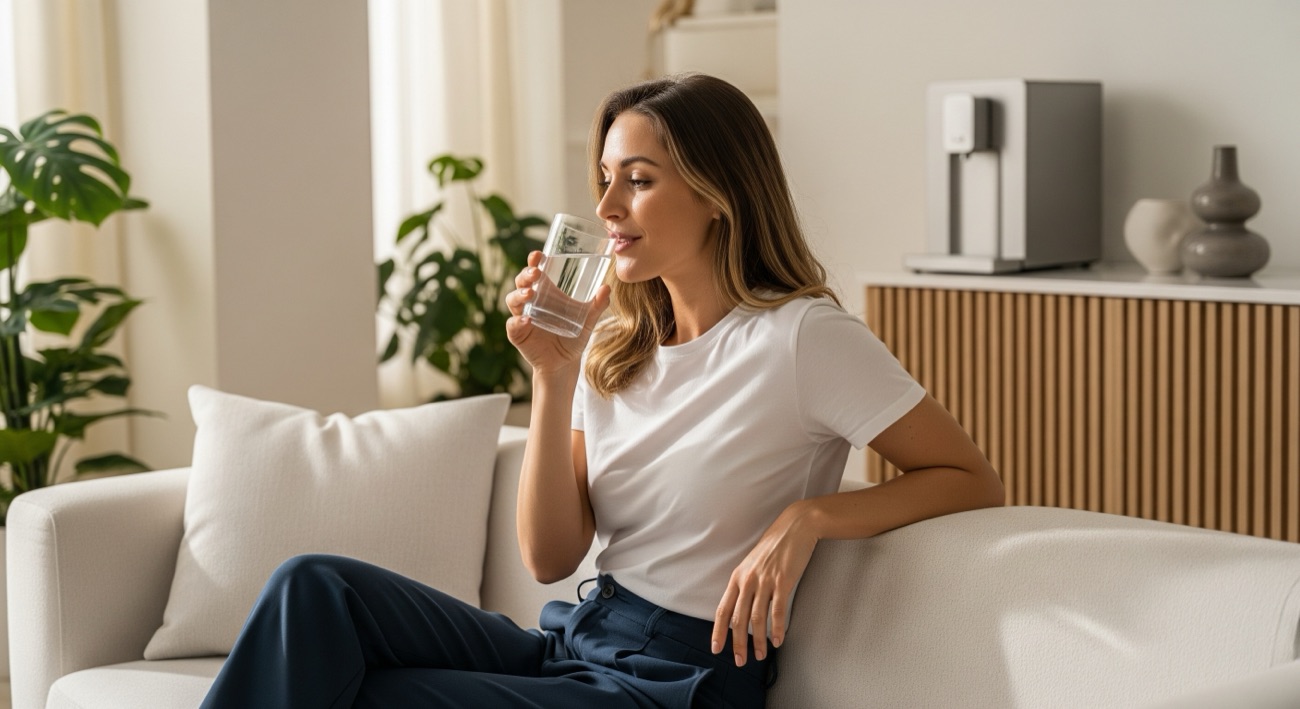 Frau trinkt zu Hause auf dem Sofa ein Glas Wasser, im Hintergrund ein Wasserspender (KI-generiert)
