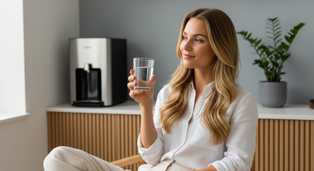 Frau mit Wasserglas in einem hellen Wohnraum, Wasserspender im Hintergrund (KI-generiert)